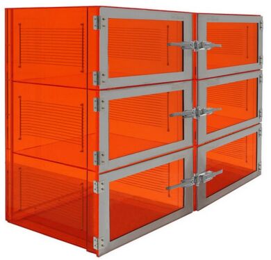 Adjust-a-shelf amber acrylic six chamber desiccator cabinet without flowmeter, RB valves or shelf  |  3950-60D displayed