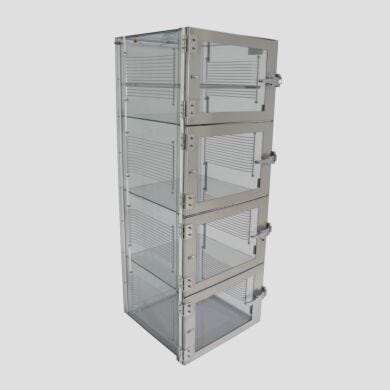 Static-dissipative PVC desiccator cabinet with relative humidity controls, gas distribution plenum and 4 chambers with adjust-a-shelf racks  |  3950-16D displayed
