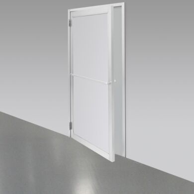 Double swing pre-hung door with powder-coated aluminum frame and polypropylene window for cleanrooms, 72”W x 81”H, uninstalled  |  6710-86-PC displayed