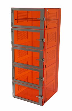 The multi-chamber amber acrylic Adjust-A-Shelf desiccator cabinet can retain up to five chambers worth of storage capacity in a low humidity environment.  |  3950-78D displayed