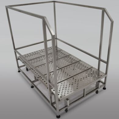 Single-step mobile platform with 36” rails, 316L stainless steel BioSafe construction, casters, and perforated platform  |  