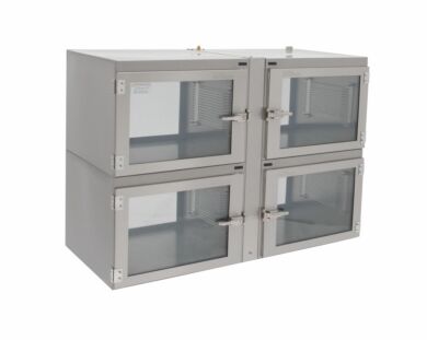 Two tier, four chamber stainless steel desiccator cabinet shown without shelf.  |  1609-04BNP displayed