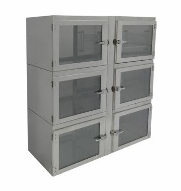 Six chamber stainless steel desiccator cabinet shown without shelf.  |  1609-05B displayed