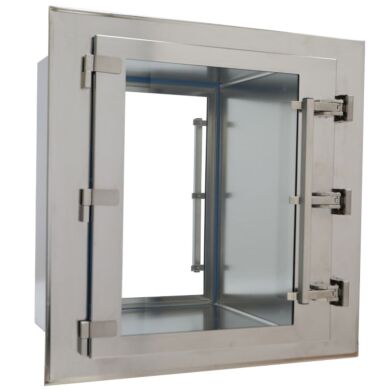 CleanMount(tm) BioSafe Passthrough mounts flush against cleanroom wall  |  2636-77C displayed