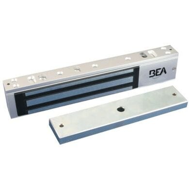 Electromagnetic lock with 600lb holding capacity installs above door; connects to door interlocking module and engages when a dependent door opens  |  5050-55 displayed