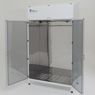 Large UV cabinet with mirrored stainless steel interior and hanger rod; HEPA filtration system is mounted on top, a perforated bottom allows for laminar airflow  |  4101-15C-UV displayed