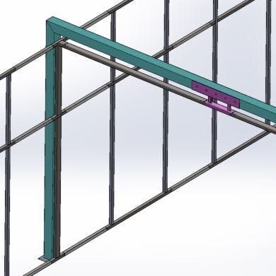 Close-up of roof truss (cyan) installed to 12’H hardwall cleanroom frame; connector (pink) anchors cleanroom ceiling to overhead beam to reduce weight load  |  6609-01 displayed