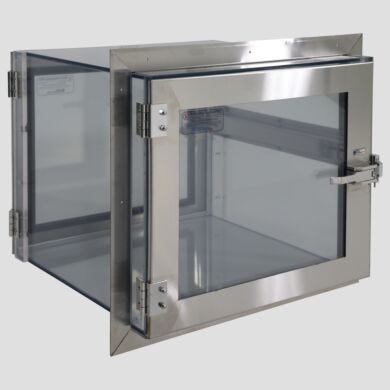 General use pass-through with static-dissipative PVC walls, stainless steel LiftLatches and two sets of mounting brackets  |  6704-96C displayed