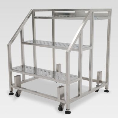 Three-step BioSafe mobile step stair in 316L stainless steel, with ledges, perforated steps and casters  |  2805-84 displayed