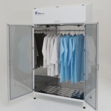 Large UV cabinet with mirrored stainless steel interior and hanger rod; HEPA filtration system is mounted on top, a perforated bottom allows for laminar airflow  |  