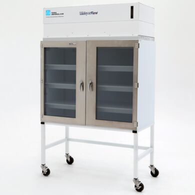 Mobile laminar flow cabinet with UPS battery system; ISO 5 Class 100 positive-pressure particle-free HEPA filtration; chemical resistant polypropylene design  |  