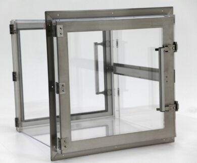 Acrylic cleanroom pass-through with stainless steel-reinforced door frames includes a mechanical interlock to prevent cross-contamination  |  1992-51D displayed