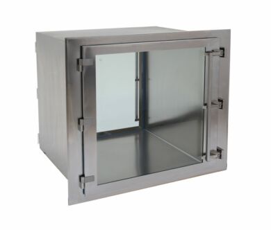 CleanMount(tm) BioSafe Passthrough mounts flush against cleanroom wall  |  2636-79C displayed