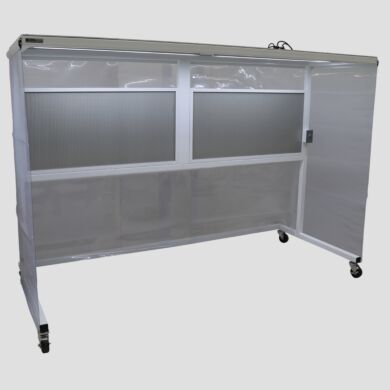 Portable horizontal CleanBooth, three-sided Softwall enclosure and polypropylene ceiling, laminar flow of HEPA-filtered air and castered frame with locking brak  |  