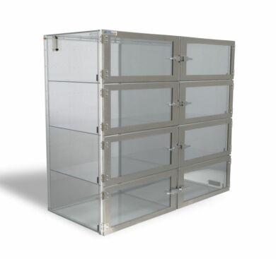 8-chamber static-dissipative PVC wafer box desiccator cabinet with optional dual purge, nitrowatch system, and stand. Accessories not included.  |  9130-50B displayed