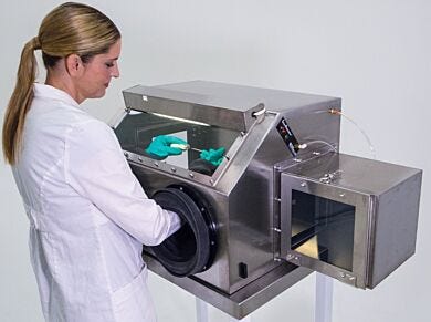 Smart® stainless steel glove box with automatic RH control maintains an inert environment to protect oxygen- and moisture-sensitive parts; optional air lock  |  