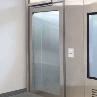 Left hand reverse stainless steel cleanroom door with a full view window  |  