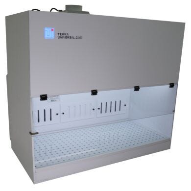 Polypropylene laminar flow containment hood with Whisperflow exhaust FFU, perforated surface and adjustable baffles  |  2101-20 displayed
