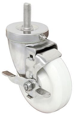 Cleanroom compliant white polyolefin caster with 304 stainless steel yoke and brake, for cleanroom carts