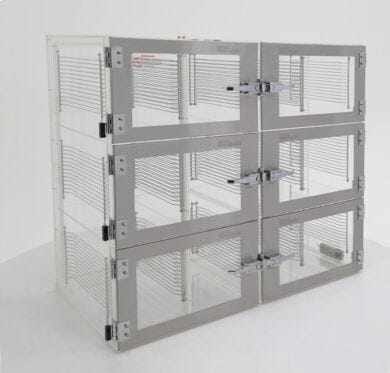 For optimal storage in low humidity environments, this six chamber acrylic kitting desiccator cabinet, stores multitudes of tote boxes for greater storage.  |  6004-00B displayed