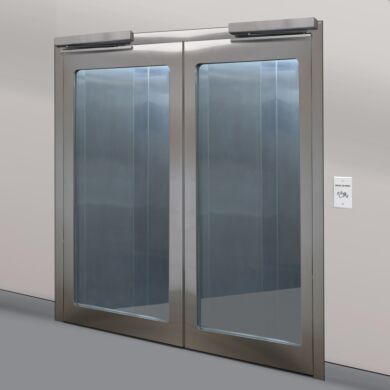 Stainless steel double doors with automatic door openers and full view flush mount windows  |  1999-95 displayed