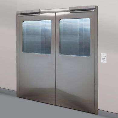 Stainless steel double doors with automatic door openers and partial view flush mount windows  |  1999-94 displayed