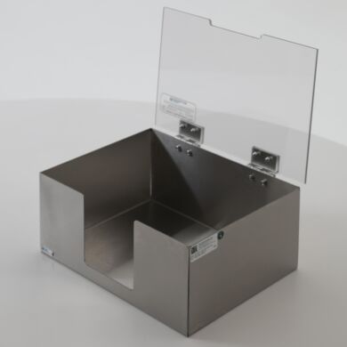 Benchtop wiper dispenser in 304 stainless steel designed for single-sheets with one access point and a SD-PVC hinged lid for contamination-safe storage  |  4951-99 displayed