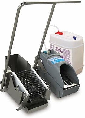 The SmartStep footwear sanitizing system is shown with optional boot scrubber and stainless steel handle