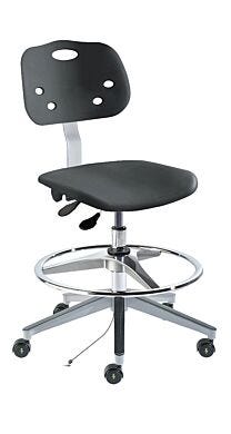 Biofit black ArmorSeat high bench chair includes wide aluminum base, 22” diameter footring with adjustable height, and dual-wheel casters for ESD applications