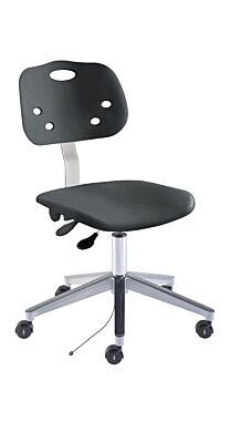 Biofit black Armorseat desk chair includes polypropylene seat and backrest, wide aluminum base, and dual-wheel casters for ESD applications