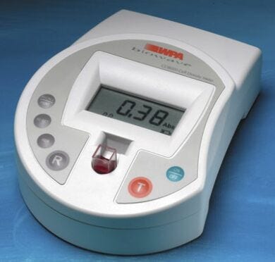 Handheld Biochrom WPA CO8000 Cell Density Meter with a rechargeable battery and a long life LED source measures absorption at 600 nm  |  