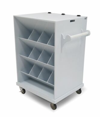 Chemical transfer cart with 24 angled compartments for safe storage, plus 1 top storage compartment  |  3401-53 displayed