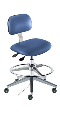 Biofit ISO5 blue high bench chair includes cast aluminum base, 20” diameter footring with adjustable height and dual-wheel casters for ESD applications