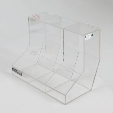 Clear acrylic dispensers with 3 compartments for small cleanroom supplies; hinged top and bottom access panels simplify stocking and dispensing  |  4005-59 displayed