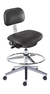 Biofit ISO4 black high bench chair includes high profile cast aluminum base, dual-wheel casters and 22” diameter footring with adjustable height