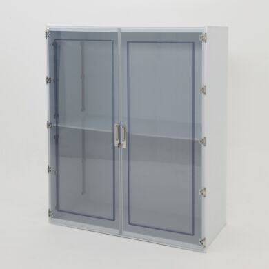 Cleanroom garment storage cabinet, 49”W x 24”D x 60”H, polypropylene, two chambers, static-dissipative PVC double doors, locking brackets  |  4103-04 displayed