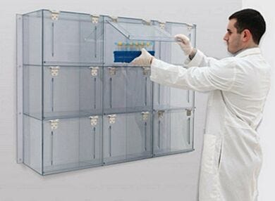 Plastic 9 Compartment Wall Mounted Cleanroom Storage Cabinet Shown with Model  |  4105-02 displayed