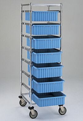 Adjustable Tote Cart by Intermetro is shown with four additional slides and seven optional tote boxes