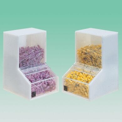 Acrylic Dispensing Bins by Terra Universal with hinged lids for easy one-hand dispensing  |  4950-12 display