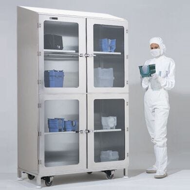 These adjustable-shelf cabinets provide clean, secure storage of wafer boxes and other particle-sensitive work-in-process  |  