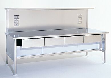 Cleanroom-compliant 304 stainless steel electrical bench includes drawers, shelf, outlets  |  9