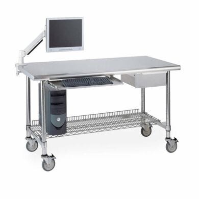 Stainless steel lab table shown with optional shelf, drawer, keyboard tray, monitor arm and locking casters  |  