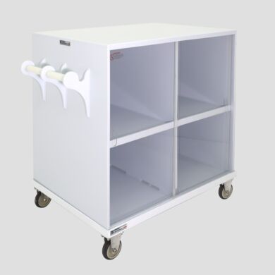 Polypropylene corrosive chemical transport cart, 4 compartments, 2 sliding SD-PVC shields, polyurethane casters
