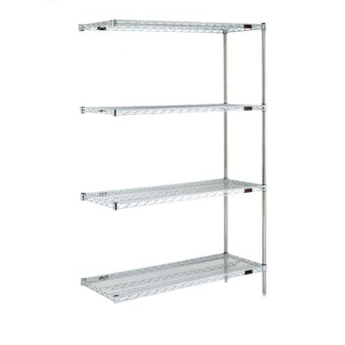 Complete 4-shelf add-on system by Eagle Group with adjustable open-wire shelves easily attaches to existing shelving system; available in low cost chrome-plated
