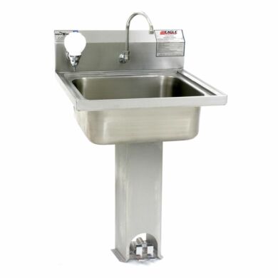 Cleanroom USP 797 Sinks feature stainless steel construction and hands-free operation (foot-actuated shown; IR sensor optional)  |  
