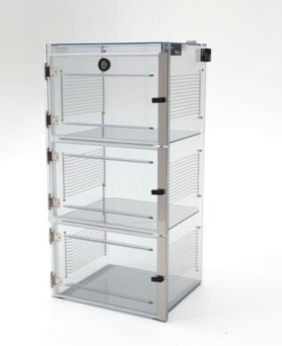 ValuLine ESD-safe desiccator cabinet, static-dissipative PVC, 3 chambers with adjustable shelving  |  3949-32C