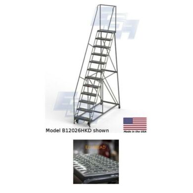 EGA all-welded steel Industrial Rolling Ladders with perforated EZY-Tread and a 450-lb capacity available in 2 to 12-step models with 3