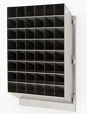 BioSafe® 48-compartment stainless steel safety glasses holder with rear access  |  4949-07 displayed