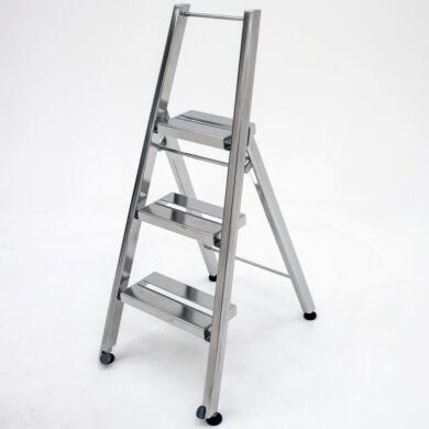 Three step BioSafe heavy duty cleanroom folding step ladder is ideal for repair work or other out-of-reach tasks that could require the use of tools  |  2805-97 displayed
