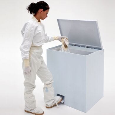 ISO-compliant BioSafe Cleanroom Garment Hamper allows clean, easy disposal of soiled cleanroom garments; polypropylene withstands wide range of corrosive chemic  |  